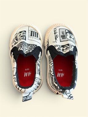 Disney x Keith Haring H&M White & Black Graphic Slip-On Sneakers with Red Insole